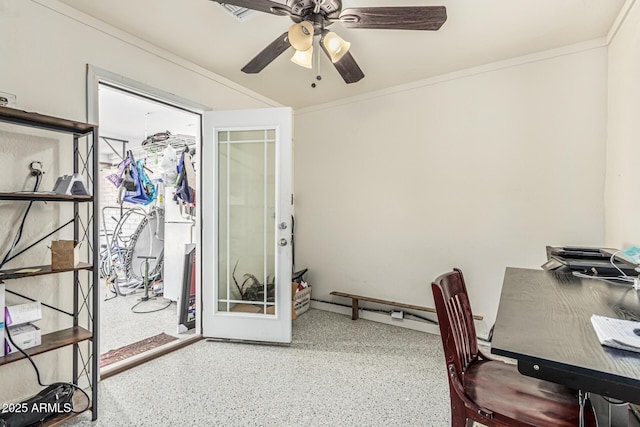 8620 E Sells Dr, Scottsdale, AZ 85251 - office area featuring speckled floor, a ceiling fan, ornamental molding, and french doors