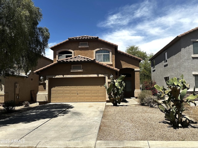 4034 E Mine Shaft Rd, San Tan Valley, AZ 85143 - mediterranean / spanish home featuring a tiled roof, concrete driveway, stucco siding, and a garage