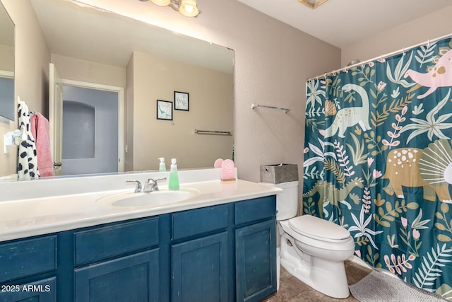 4034 E Mine Shaft Rd, San Tan Valley, AZ 85143 - bathroom with vanity, toilet, tile patterned floors, and curtained shower