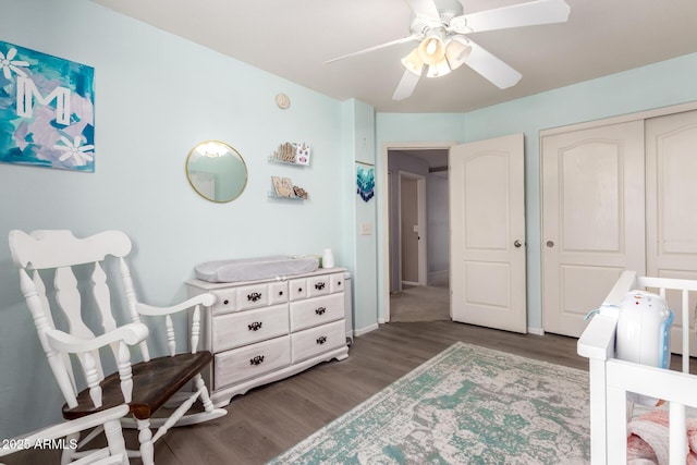 4034 E Mine Shaft Rd, San Tan Valley, AZ 85143 - bedroom with wood finished floors, a closet, a ceiling fan, and baseboards