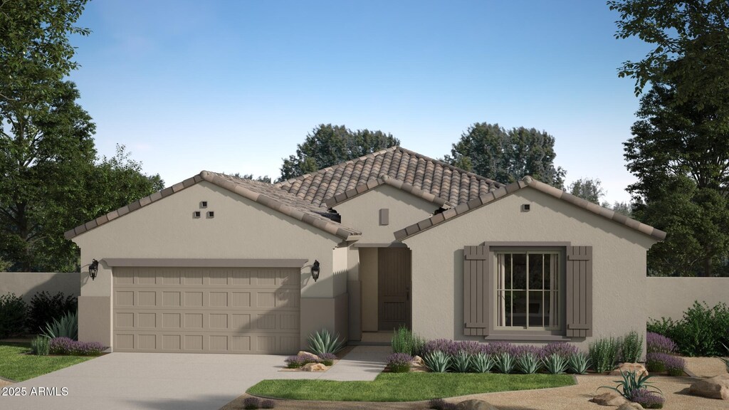 23189 W Winslow Ave, Buckeye, AZ 85326 - mediterranean / spanish house with driveway, a garage, stucco siding, and a tiled roof