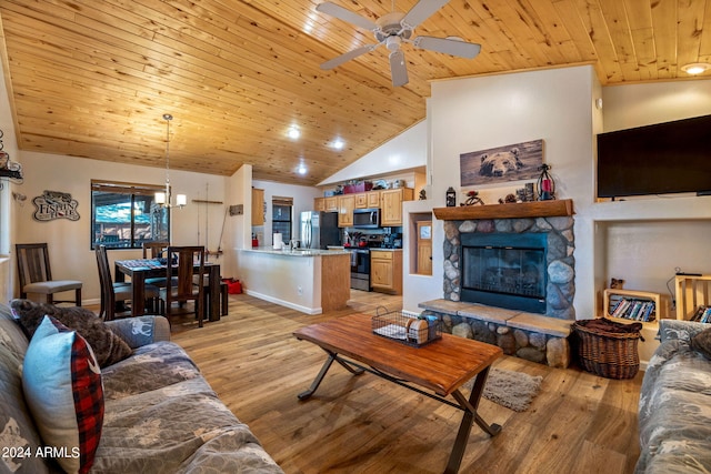 2708 High Pine Loop, Overgaard, AZ 85933 - living area with ceiling fan, wooden ceiling, a stone fireplace, light wood finished floors, and a chandelier