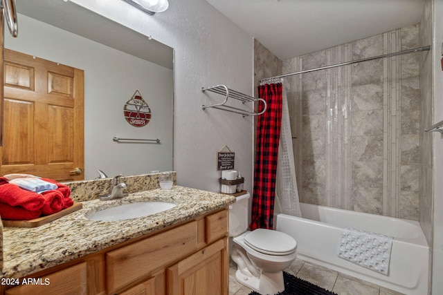 full bathroom with tile patterned flooring, vanity, toilet, and shower / bath combo with shower curtain