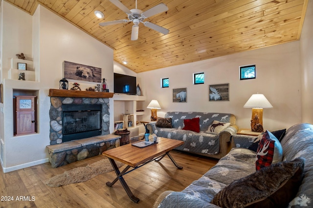 living room with light hardwood / wood-style flooring, high vaulted ceiling, wooden ceiling, built in features, and ceiling fan