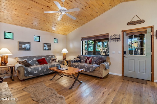 living room featuring wood ceiling, light hardwood / wood-style flooring, ceiling fan, and high vaulted ceiling