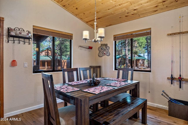 dining area featuring wood ceiling, vaulted ceiling, a chandelier, and hardwood / wood-style floors