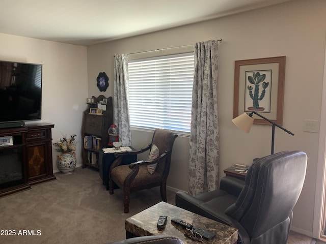 living room featuring light carpet