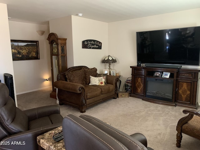 living room featuring light carpet