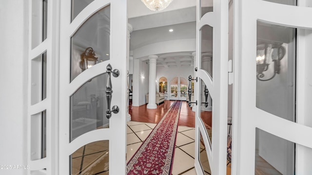 3126 E Fruitvale Ct, Gilbert, AZ 85297 - hall featuring decorative columns, tile patterned floors, recessed lighting, and french doors