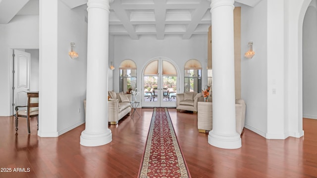 3126 E Fruitvale Ct, Gilbert, AZ 85297 - foyer with ornate columns, beamed ceiling, wood finished floors, baseboards, and coffered ceiling