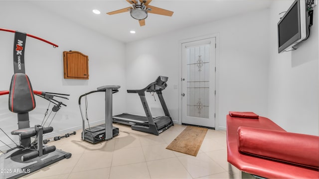 3126 E Fruitvale Ct, Gilbert, AZ 85297 - workout area featuring a ceiling fan, recessed lighting, baseboards, and tile patterned floors