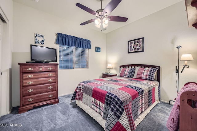 carpeted bedroom featuring ceiling fan