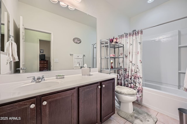 full bathroom with toilet, tile patterned floors, vanity, and shower / bath combo with shower curtain