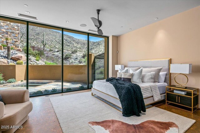 43105 N 102nd St, Scottsdale, AZ 85262 - bedroom with access to outside, a mountain view, visible vents, and a wall of windows