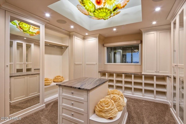 walk in closet featuring dark colored carpet
