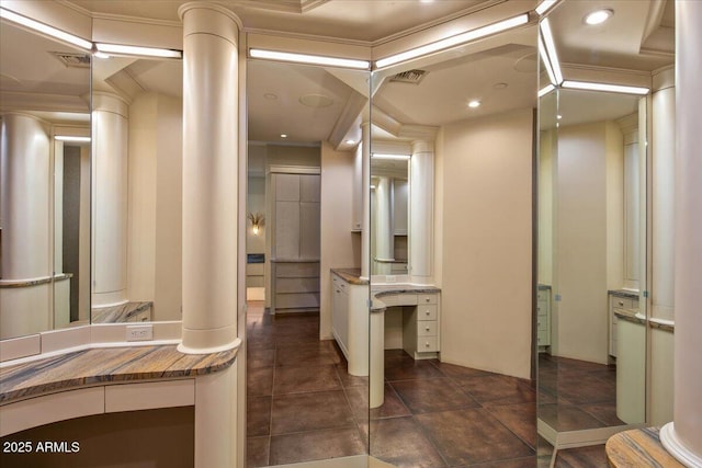 bathroom with decorative columns, recessed lighting, visible vents, and crown molding