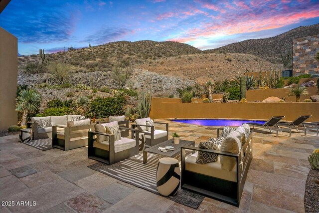 43105 N 102nd St, Scottsdale, AZ 85262 - view of patio featuring fence, outdoor lounge area, a mountain view, and a fenced in pool