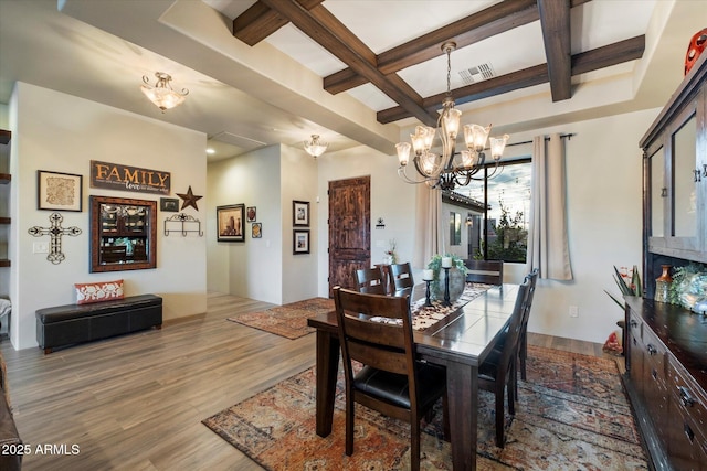 dining room with beamed ceiling, a notable chandelier, coffered ceiling, and hardwood / wood-style flooring