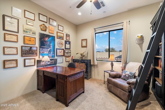 office featuring light colored carpet and ceiling fan