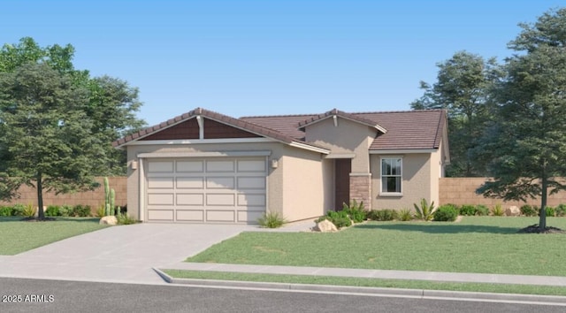 view of front of property with a garage and a front lawn