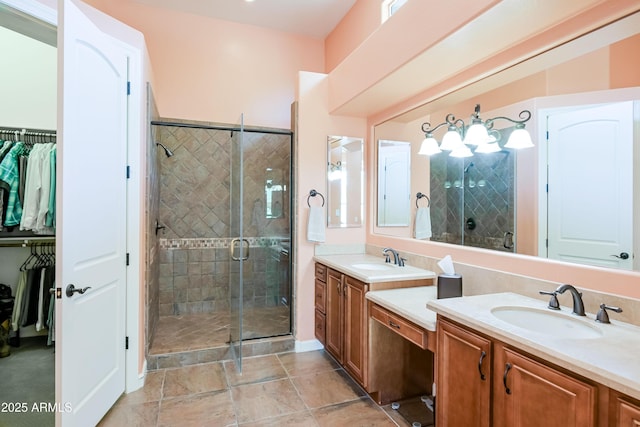 32731 N 74th Way, Scottsdale, AZ 85266 - bathroom featuring two vanities, a stall shower, and a spacious closet
