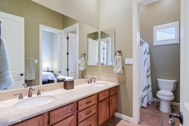 32731 N 74th Way, Scottsdale, AZ 85266 - ensuite bathroom with double vanity, toilet, tile patterned flooring, and curtained shower