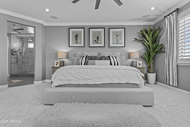 bedroom with ceiling fan, ornamental molding, and ensuite bath