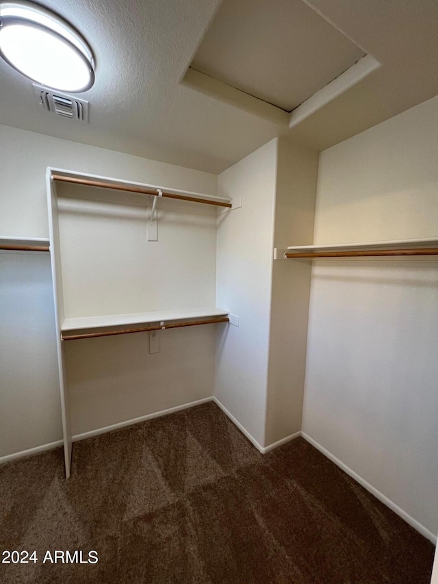 walk in closet with dark colored carpet