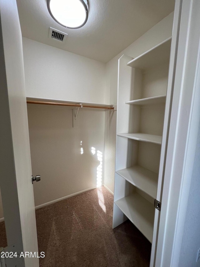 spacious closet featuring dark colored carpet