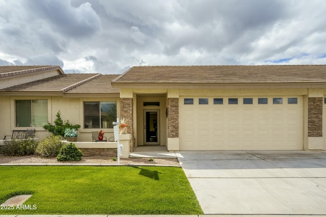 view of front of property featuring stucco siding, stone siding, concrete driveway, an attached garage, and a tiled roof