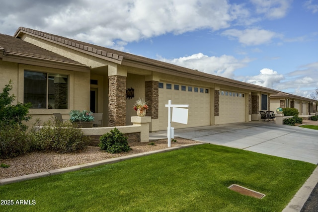 ranch-style house featuring concrete driveway, an attached garage, a front lawn, and stucco siding