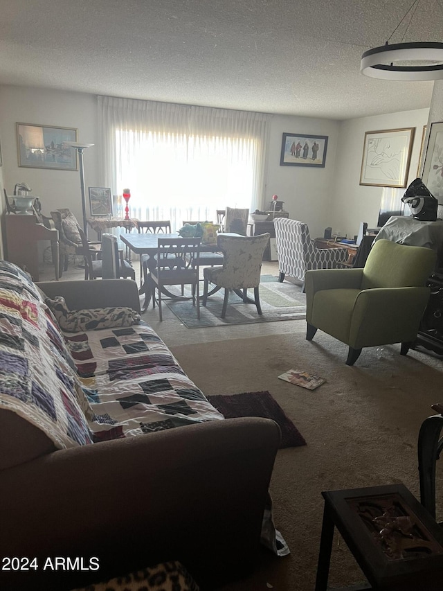 carpeted living room featuring a textured ceiling