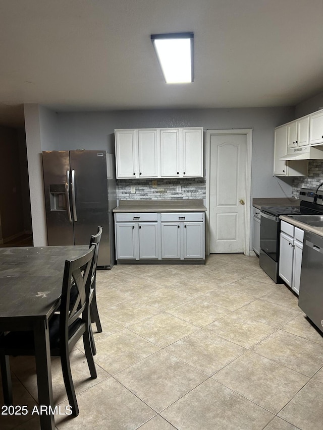 kitchen featuring stainless steel appliances, decorative backsplash, white cabinetry, and under cabinet range hood