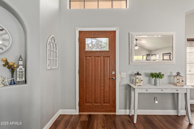 foyer with plenty of natural light, baseboards, and dark wood finished floors