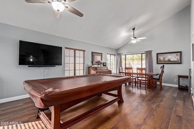 rec room featuring dark wood-style floors, ceiling fan, high vaulted ceiling, billiards, and baseboards