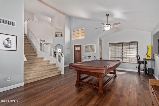 playroom with billiards, baseboards, visible vents, dark wood-type flooring, and high vaulted ceiling