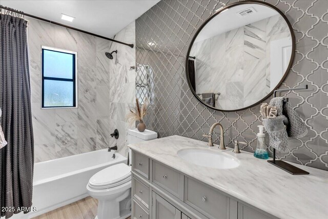 3505 N Miller Rd, Scottsdale, AZ 85251 - full bathroom with shower / bath combination with curtain, vanity, wood finished floors, and toilet