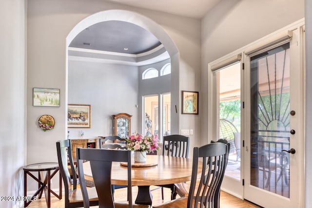 dining area with a tray ceiling and light hardwood / wood-style flooring