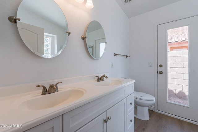 bathroom featuring wood-type flooring, toilet, and vanity