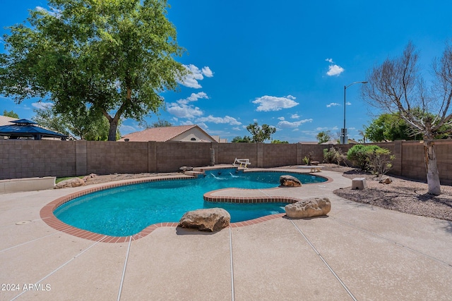 view of pool with a patio area, a fenced backyard, a diving board, and a fenced in pool