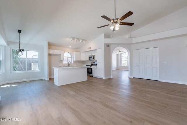 kitchen with appliances with stainless steel finishes, white cabinetry, light wood-type flooring, ceiling fan with notable chandelier, and track lighting