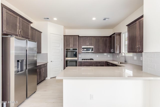 kitchen with appliances with stainless steel finishes, sink, backsplash, kitchen peninsula, and dark brown cabinets