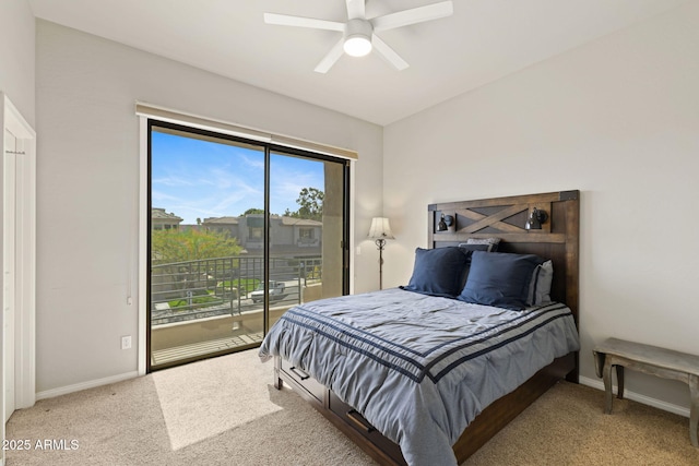 bedroom featuring baseboards, ceiling fan, carpet flooring, and access to exterior