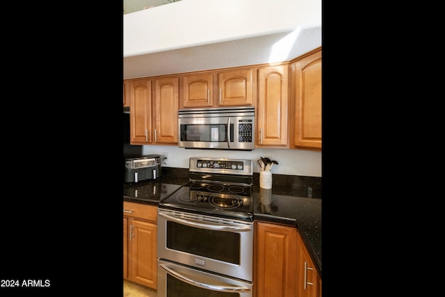 kitchen with stainless steel appliances and dark stone counters