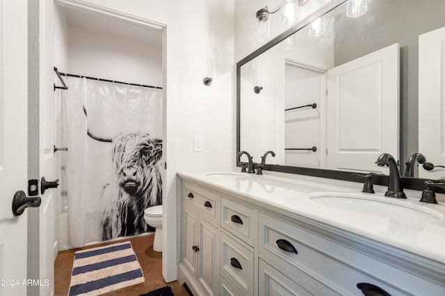 bathroom with toilet, vanity, and a shower with shower curtain