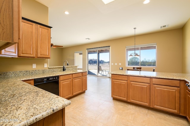 kitchen with light stone counters, a sink, dishwasher, a peninsula, and pendant lighting