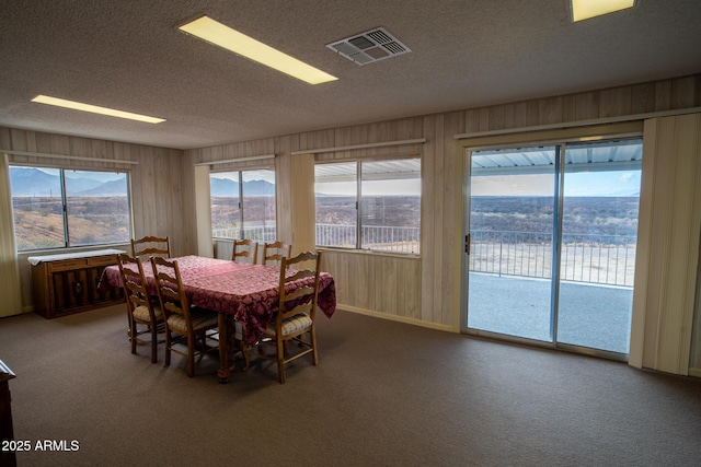 dining room with a textured ceiling and carpet floors