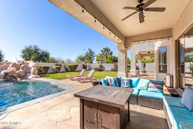 4497 E Carriage Way, Gilbert, AZ 85297 - fenced backyard featuring an outdoor living space, a patio area, and ceiling fan