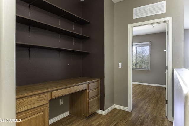 unfurnished office with dark wood-type flooring and built in desk