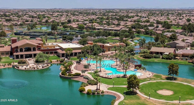 aerial view featuring a water view and a residential view